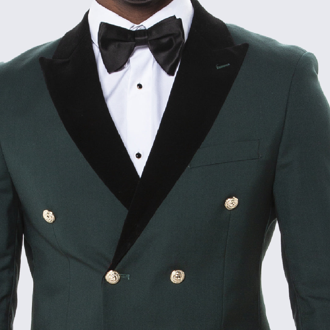 Green Double Breasted Tuxedo with Velvet Peak Lapel - Wedding - Prom