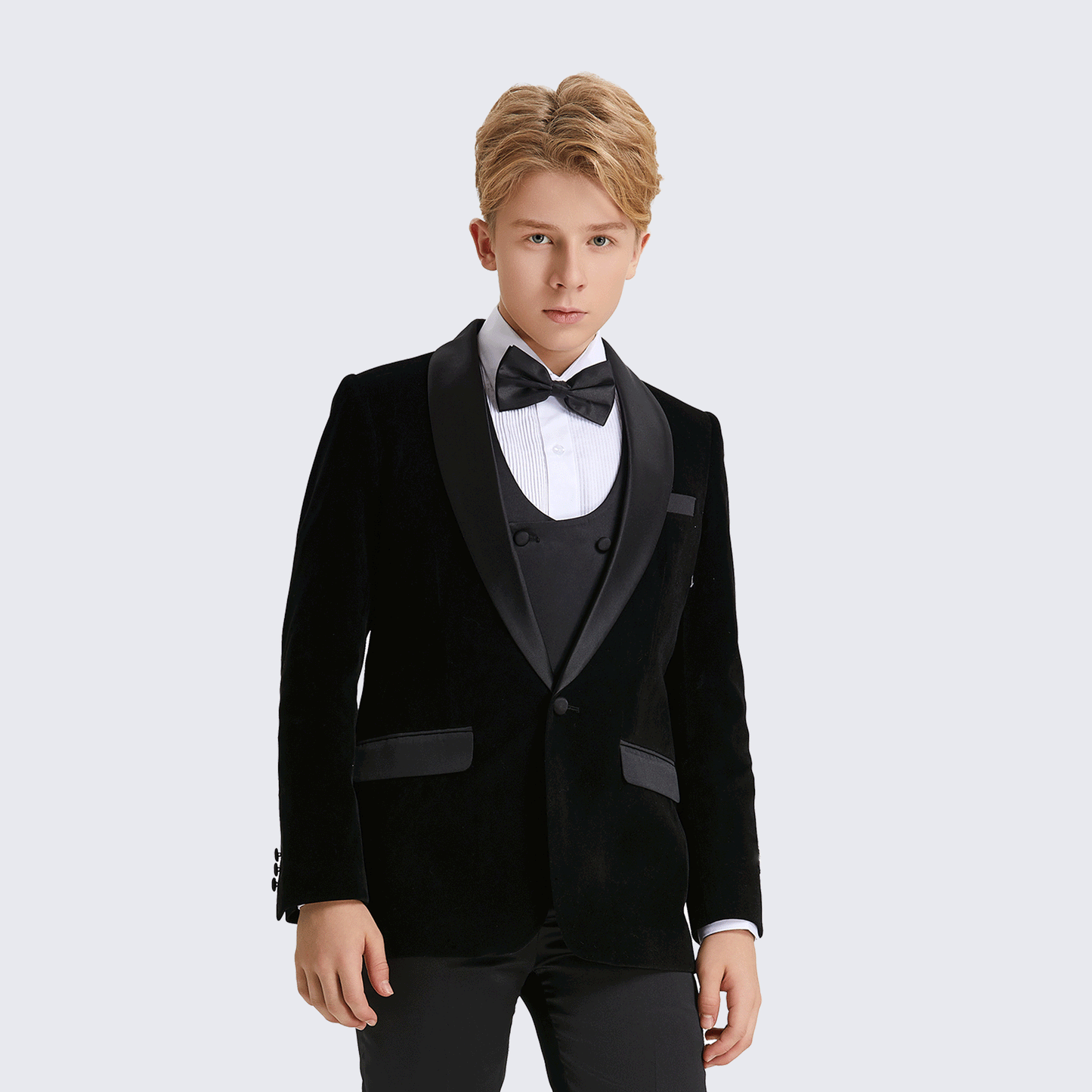 Boy's Black Tuxedo Velvet 5-Piece Set for Kids Teen Children - Wedding