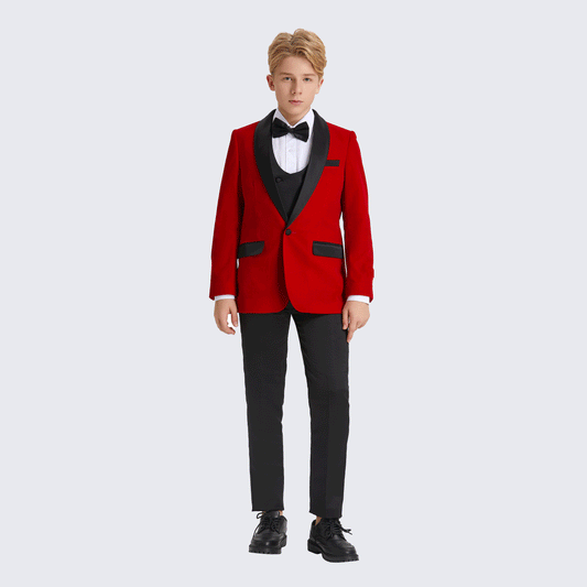 Boy's Red Tuxedo Velvet 5-Piece Set for Kids Teen Children - Wedding