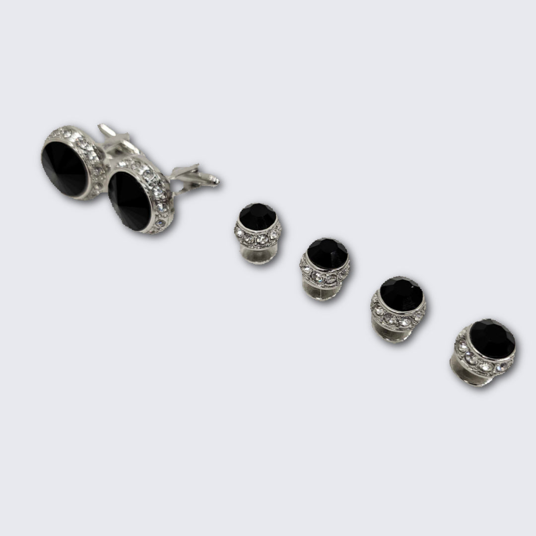 Jet Black Faceted Crystal Silver Formal Set