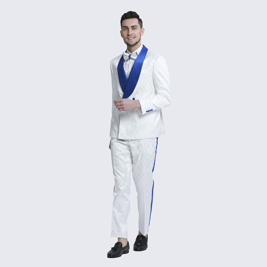 White and Royal Blue Tuxedo with Textured Paisley Design Two Piece Set - Wedding - Prom
