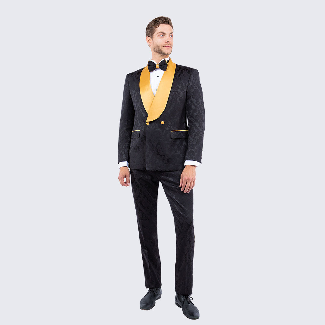Black and Gold Tuxedo with Textured Paisley Design Two Piece Set - Wedding - Prom