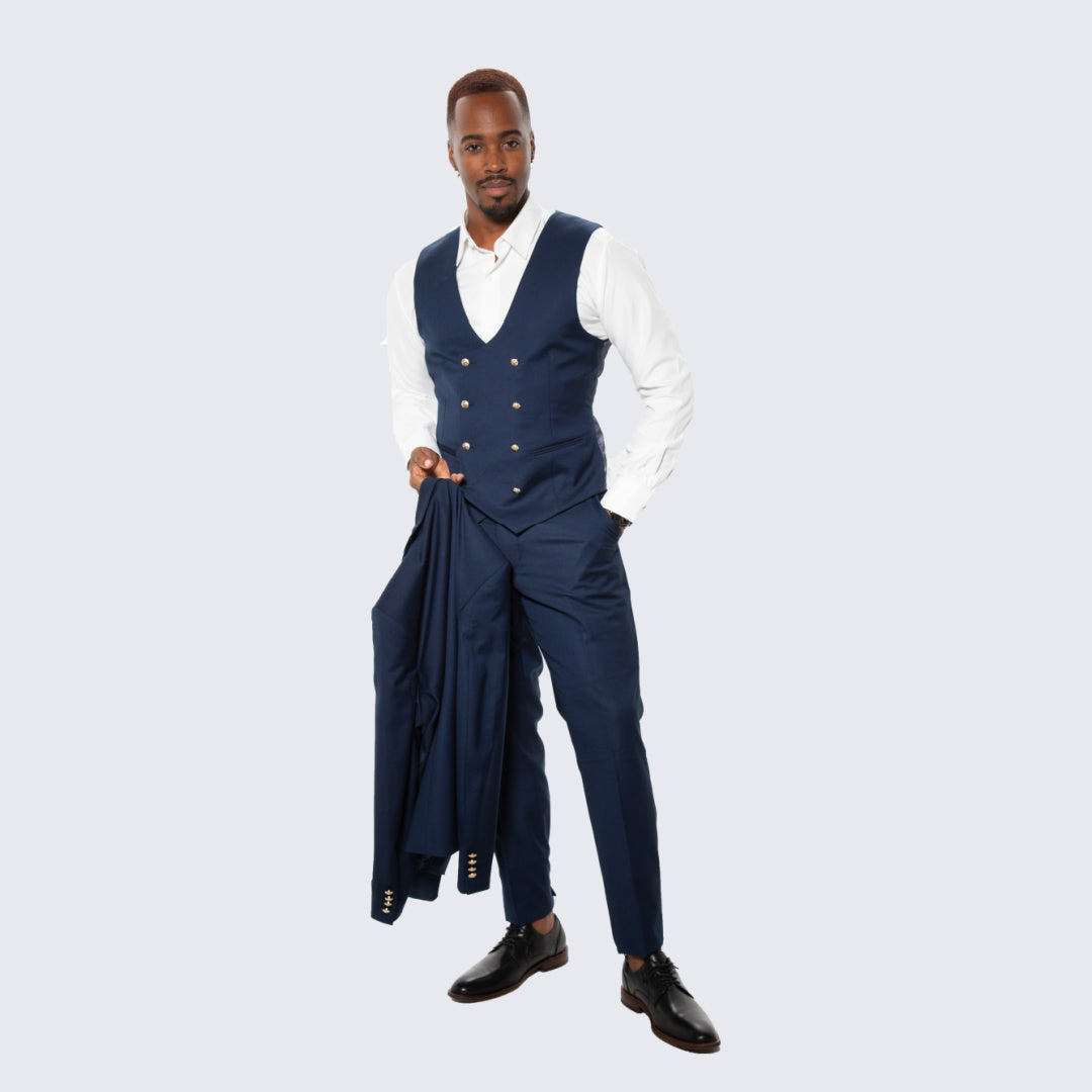 Navy Skinny Fit Three Piece Suit with Double Breasted Vest – Wedding & Prom