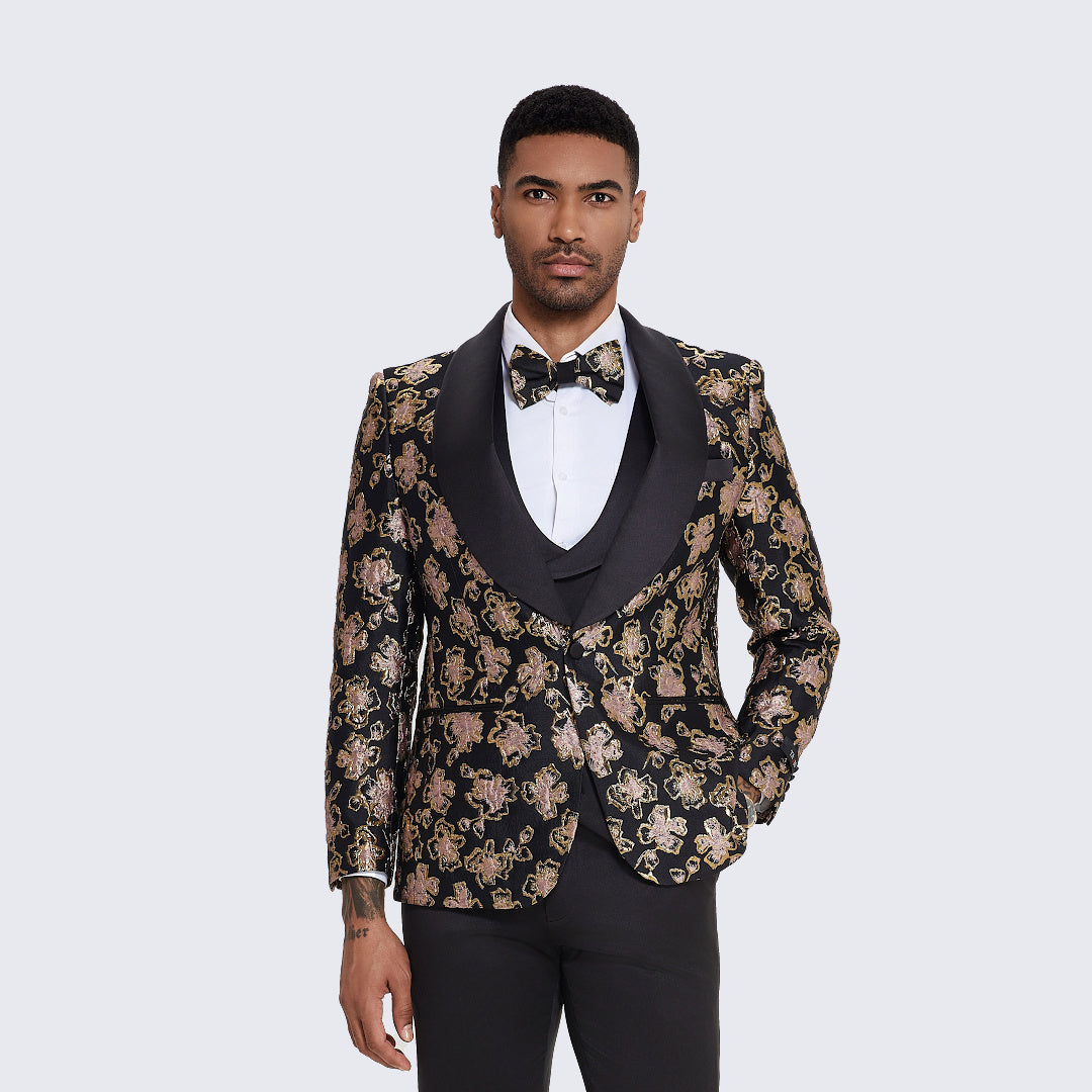 Men's Black and Rose Gold Tuxedo with Textured Floral Design- Wedding - Prom
