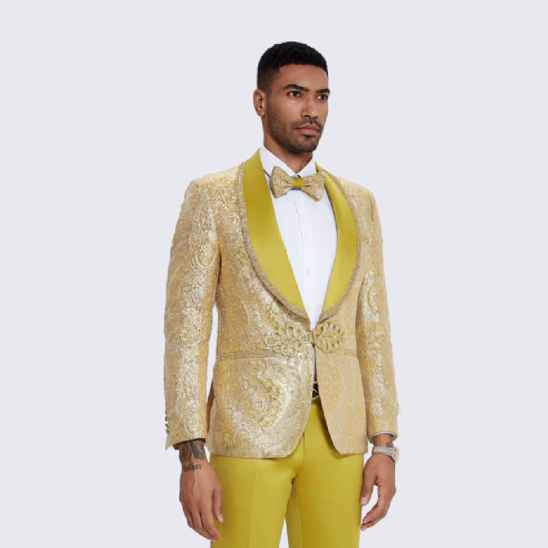 Men's Yellow Tuxedo with Gold Textured Paisley Design- Wedding - Prom