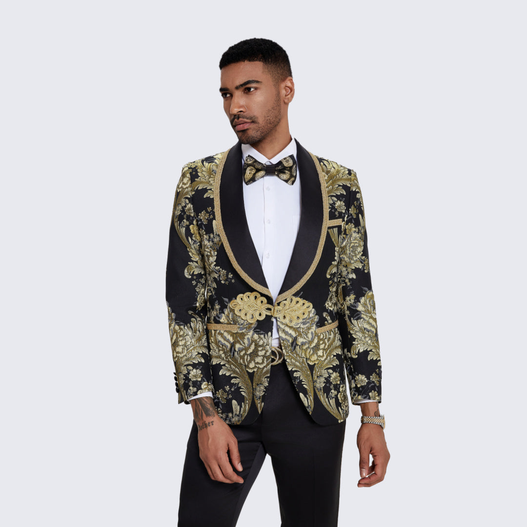 Men's Black Tuxedo with Gold Textured Paisley Design- Wedding - Prom