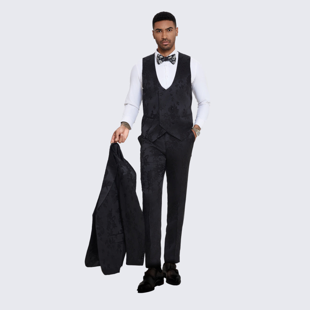 Black Floral Jacquard Satin Tuxedo with Peak Lapel – Wedding & Prom