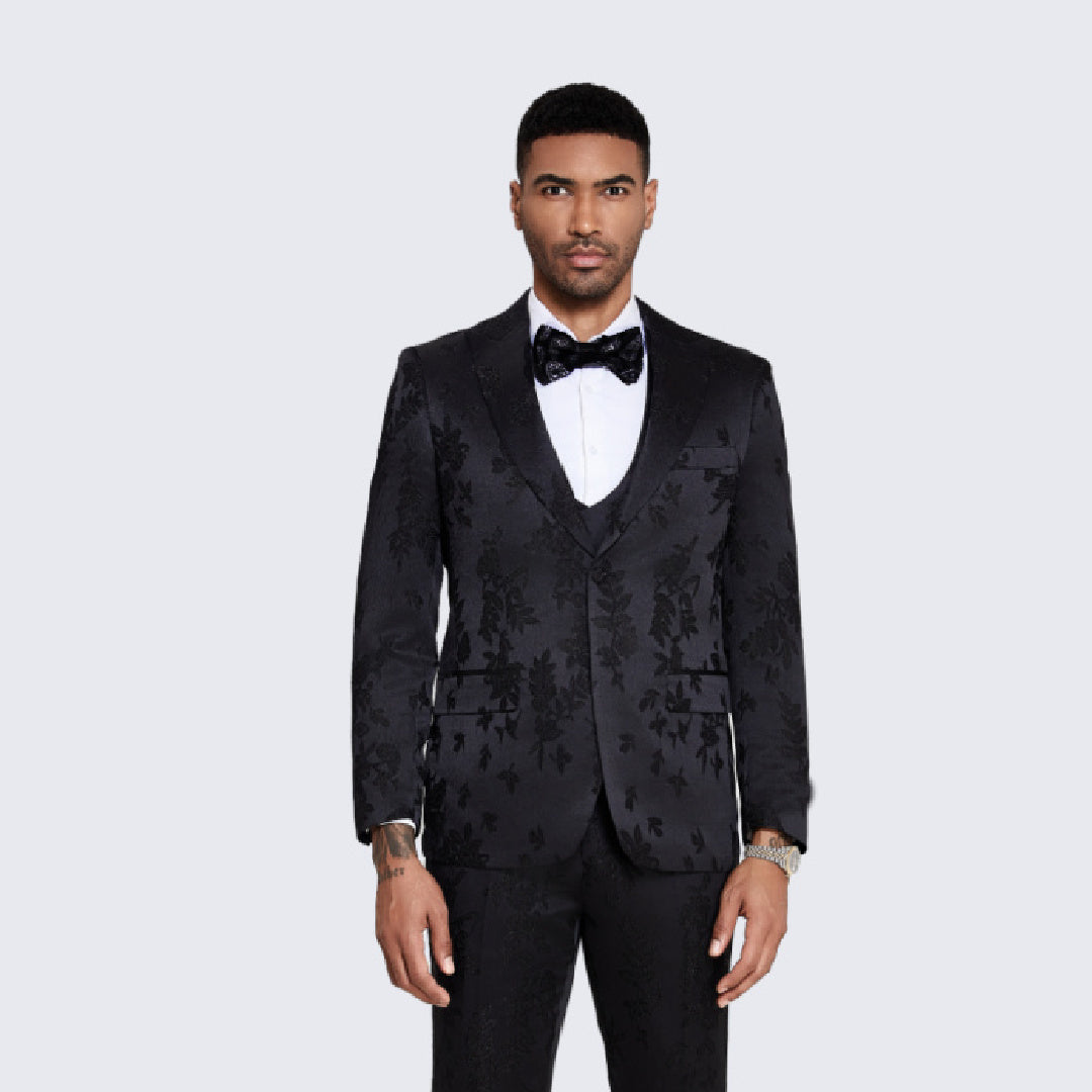 Black Floral Jacquard Satin Tuxedo with Peak Lapel – Wedding & Prom