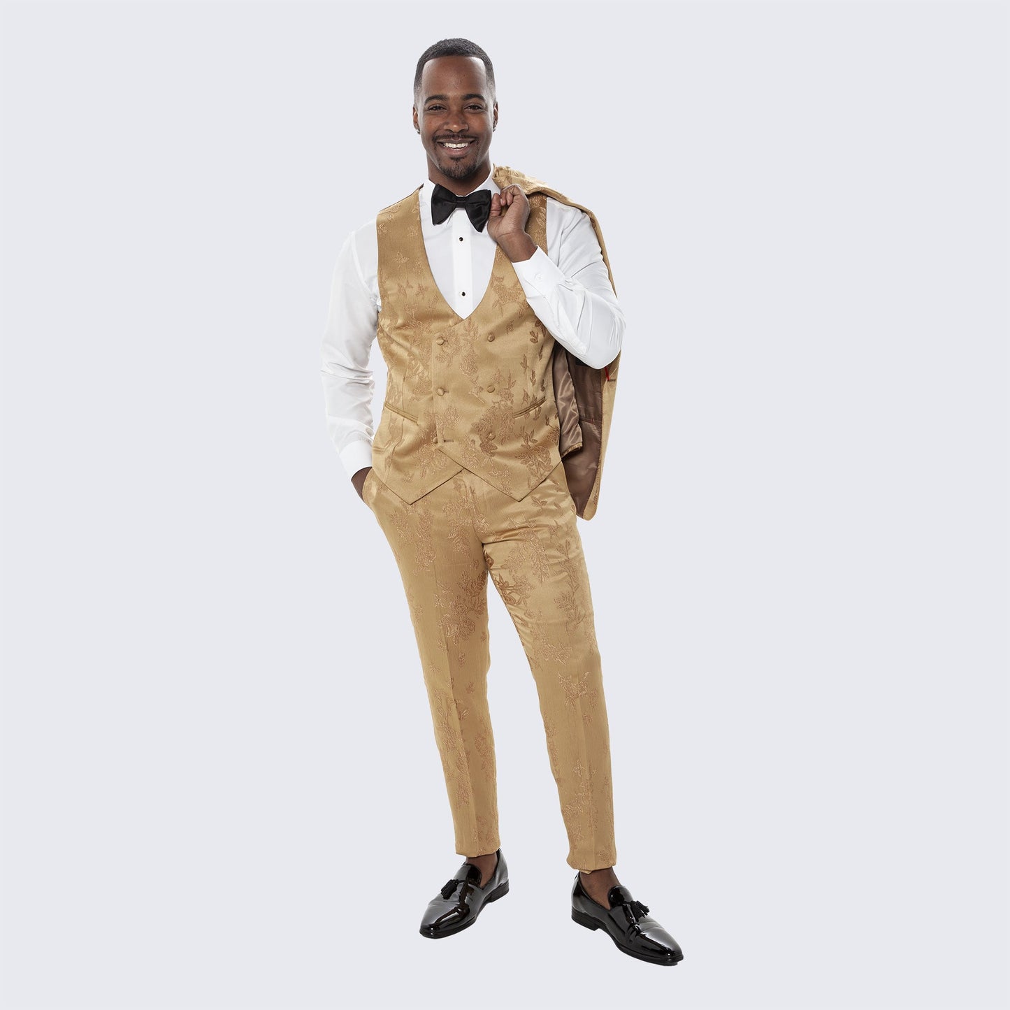 Gold Floral Jacquard Satin Tuxedo with Peak Lapel – Wedding & Prom