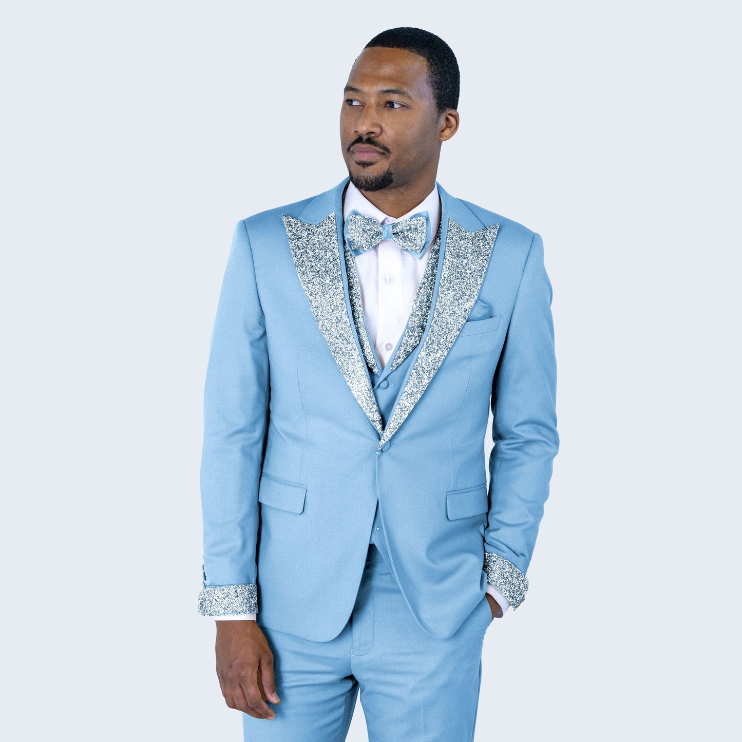 Light Blue Peak Lapel Tuxedo with Stones – 4 Piece Set