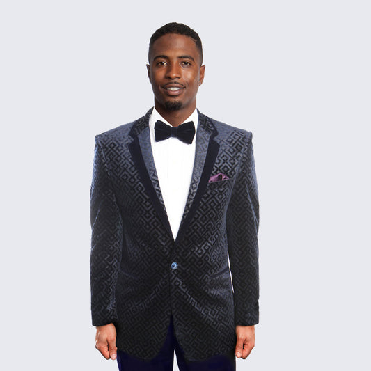 Navy Geometric Blazer Jacket with Notch Lapel - Wedding - Prom