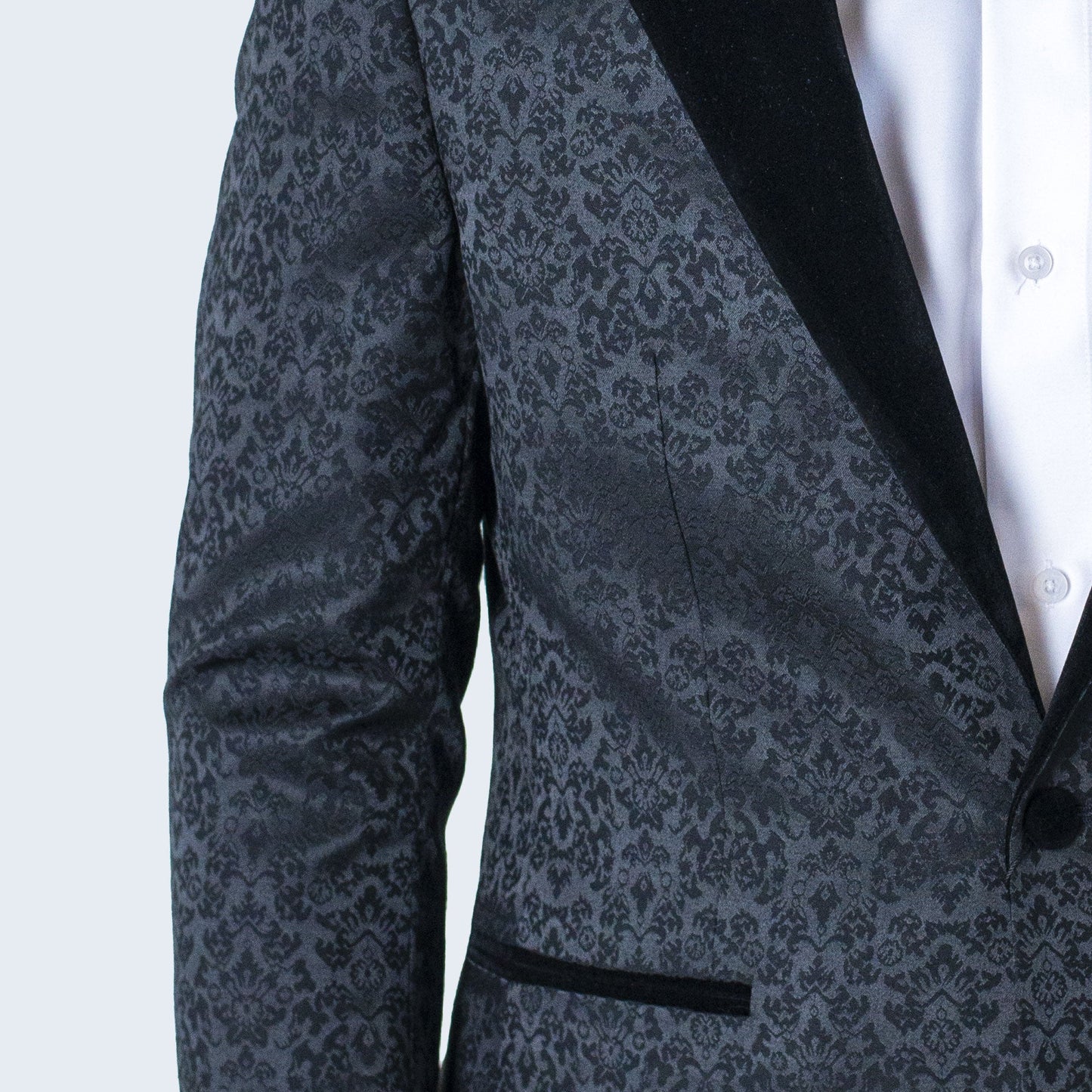 Black Paisley Tuxedo with Velvet Peak Lapel – 2-Piece Wedding & Prom