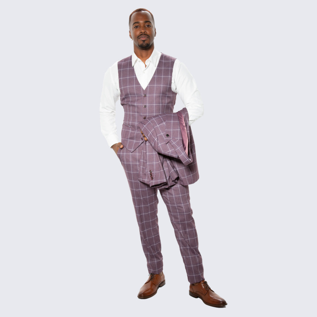 Lilac Windowpane 3-Piece Suit with Peak Lapel – Wedding & Prom