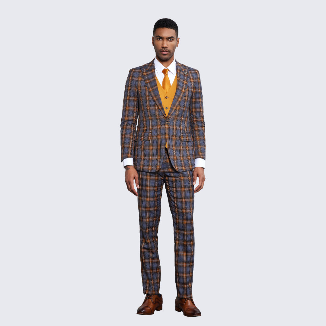 Men's Blue and Orange Plaid Suit Three Piece Set - Wedding - Prom