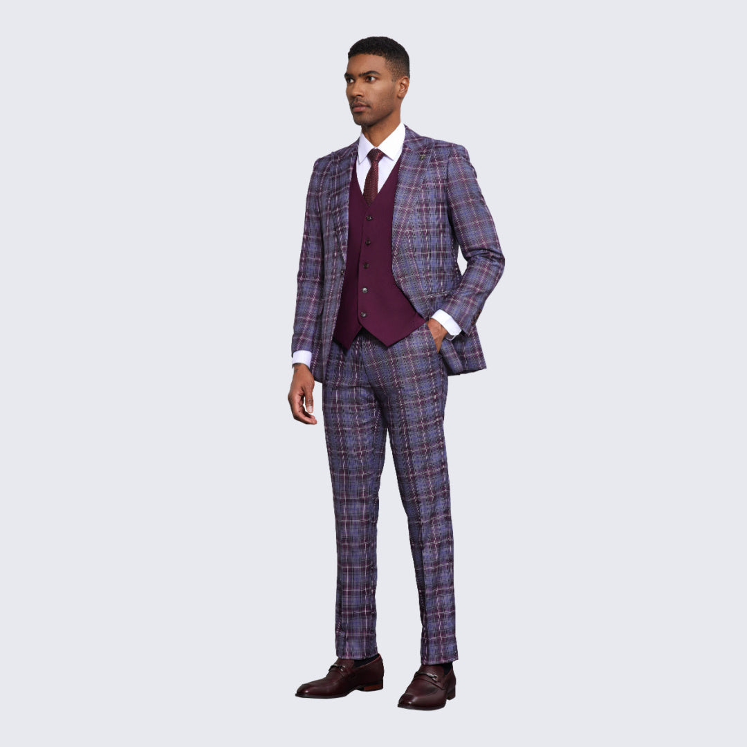 Men's Wine and Grey Plaid Suit Three Piece Set - Wedding - Prom