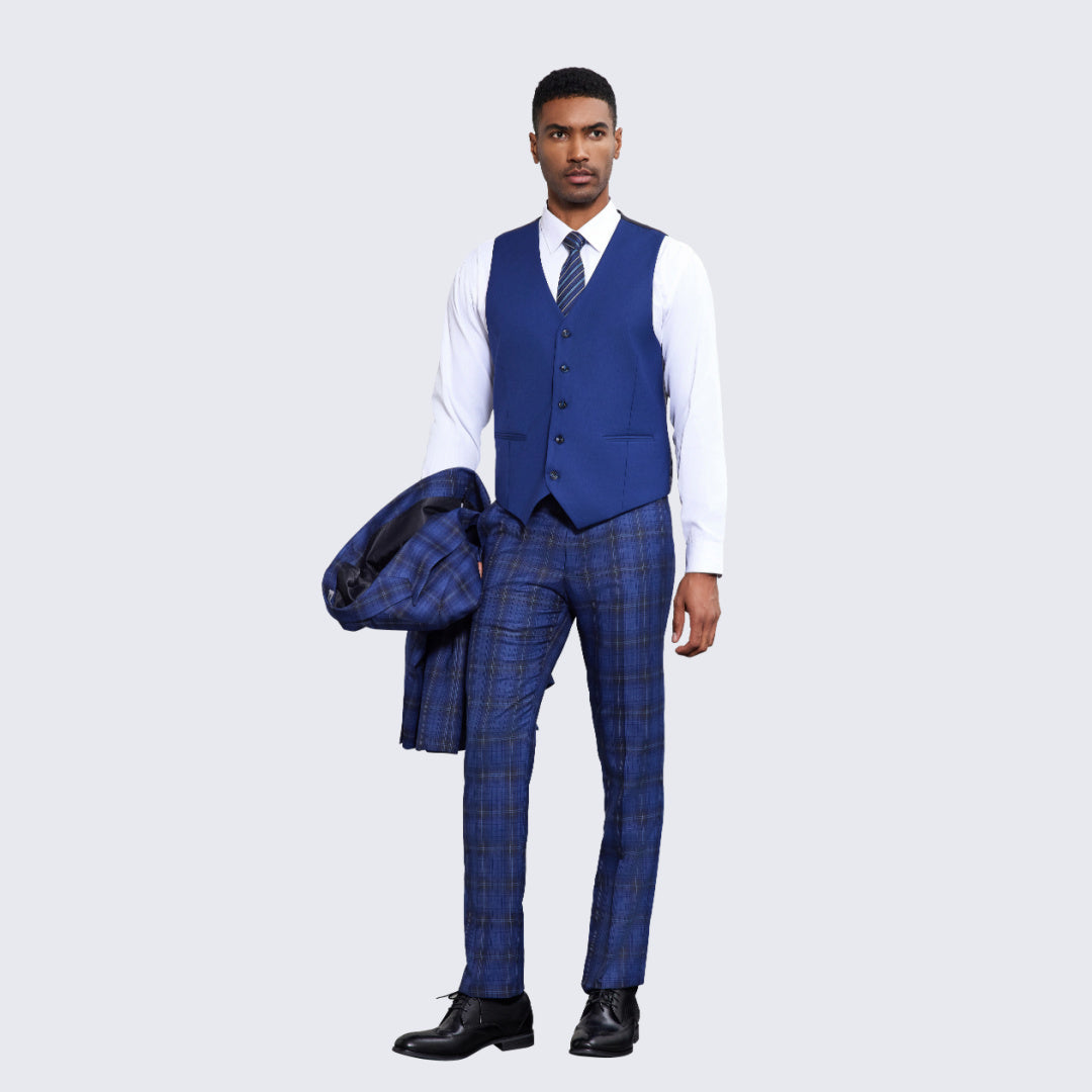 Men's Royal and White Plaid Suit Three Piece Set - Wedding - Prom