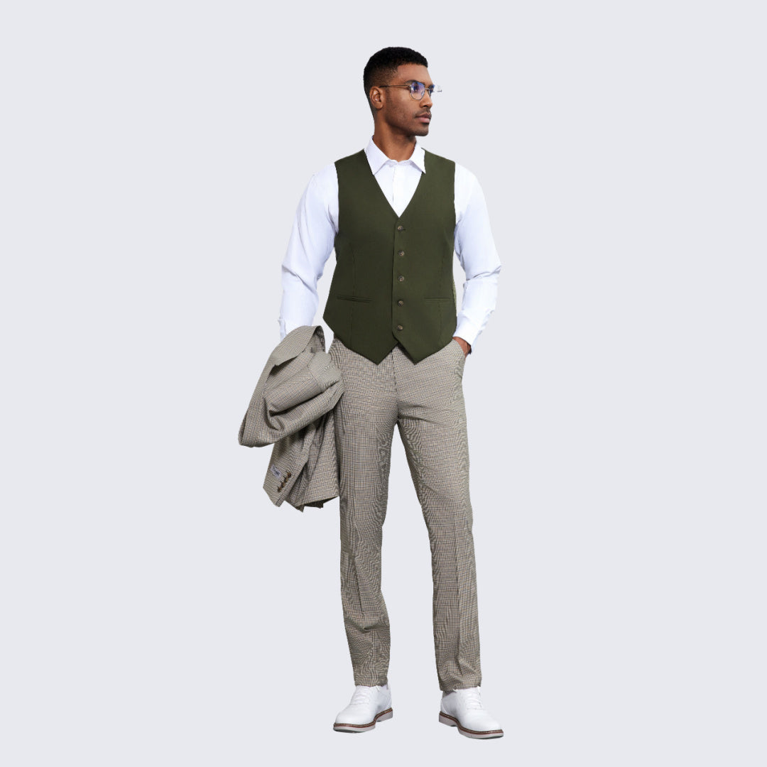 Men's Beige and Green Glen Plaid Suit Three Piece Set- Wedding - Prom