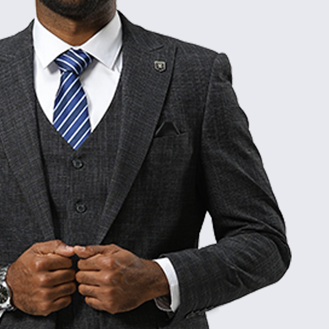 Charcoal Canvas-Print Three-Piece Suit with Peak Lapel – Wedding & Prom