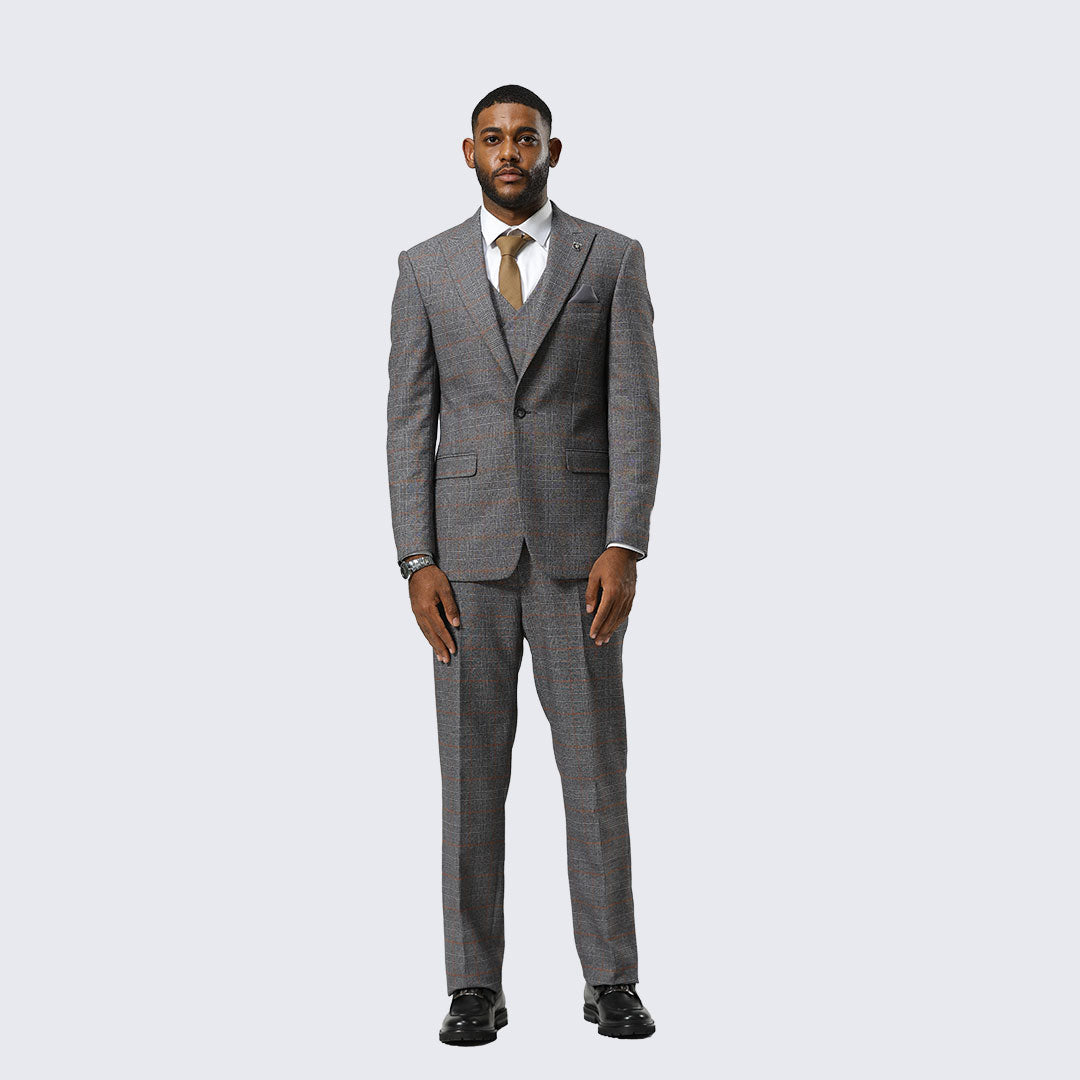 Grey Windowpane Three-Piece Suit with Peak Lapel – Wedding & Prom
