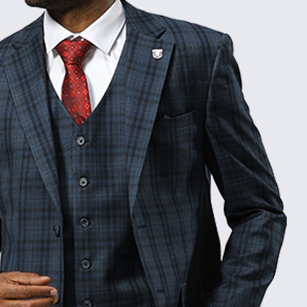 Navy Blue Watch Plaid Three-Piece Suit with Notch Lapel – Wedding & Prom