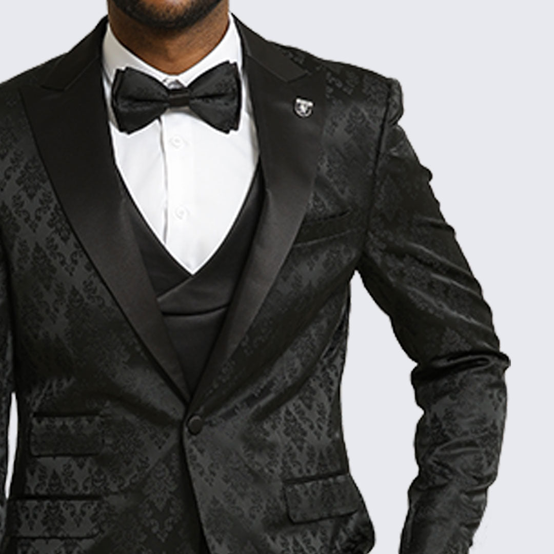 Black Satin Damask 4-Piece Tuxedo Set with Peak Lapel – Wedding & Prom