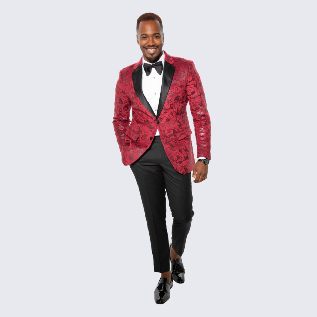 Red Floral Brocade Tuxedo Jacket – Notch Lapel, Wedding & Prom