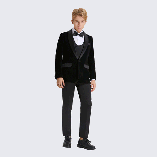 Boy's Black Tuxedo Velvet 5-Piece Set for Kids Teen Children - Wedding