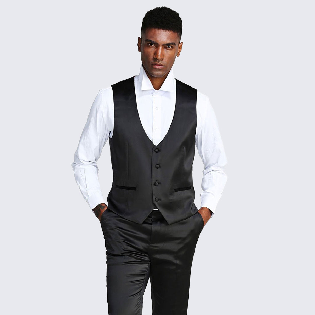 [DISCOUNTED] Black Slim Fit Tuxedo Fully Satin Four Piece Set - Limited Sizes