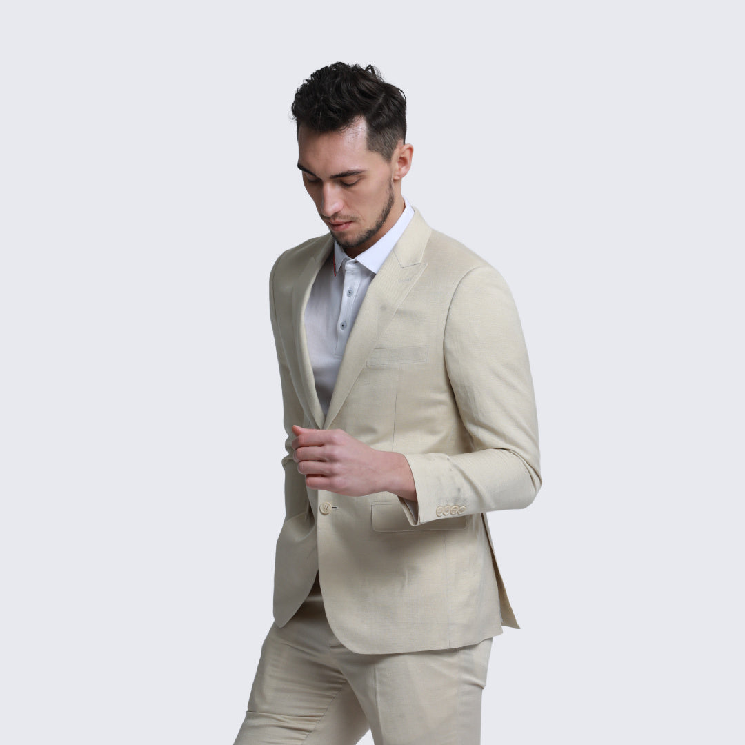 [DISCOUNTED] Tan Linen Suit Slim Fit Two Piece Set - Limited Sizes