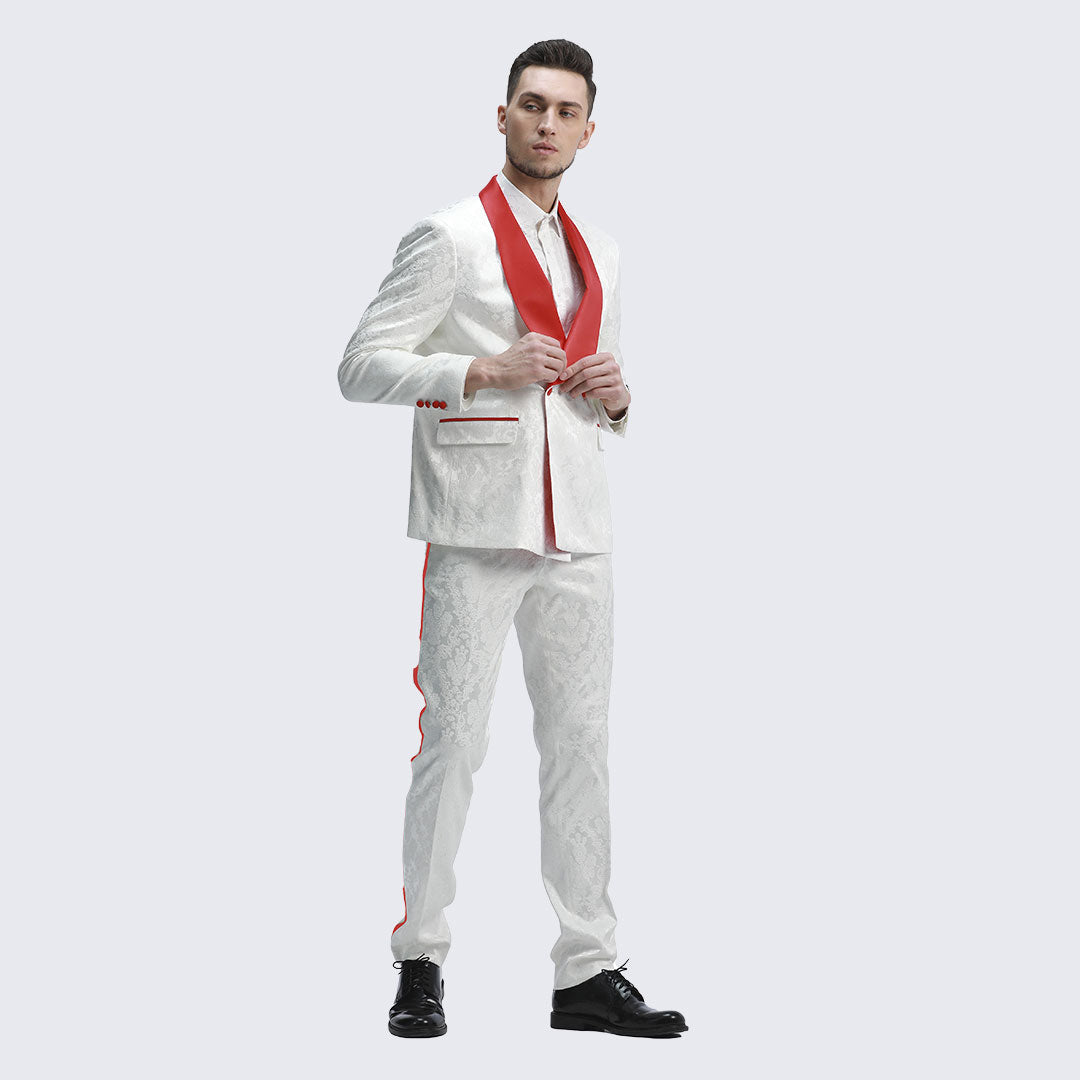 [DISCOUNTED] White And Red Tuxedo with Textured Paisley Design Two Piece Set - Limited Sizes