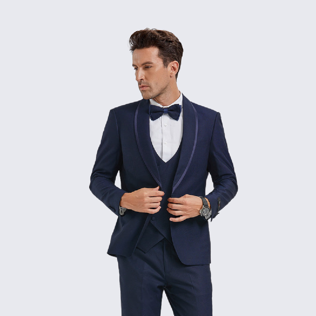 [DISCOUNTED] Blue Textured Tuxedo with Satin Trim Four Piece Set - Limited Sizes