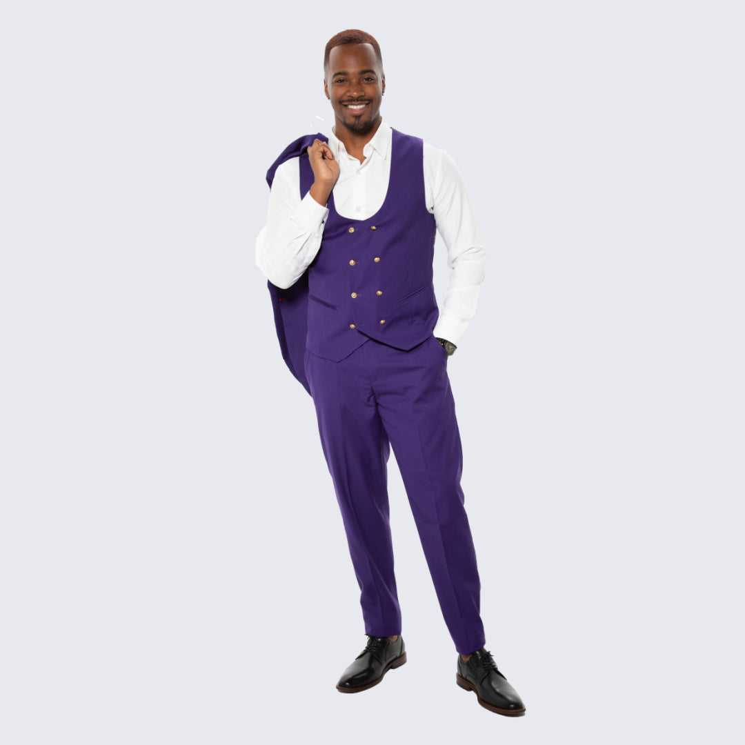 [DISCOUNTED] Purple Skinny Fit Suit Three Piece Set with Double Breasted Vest - Limited Sizes