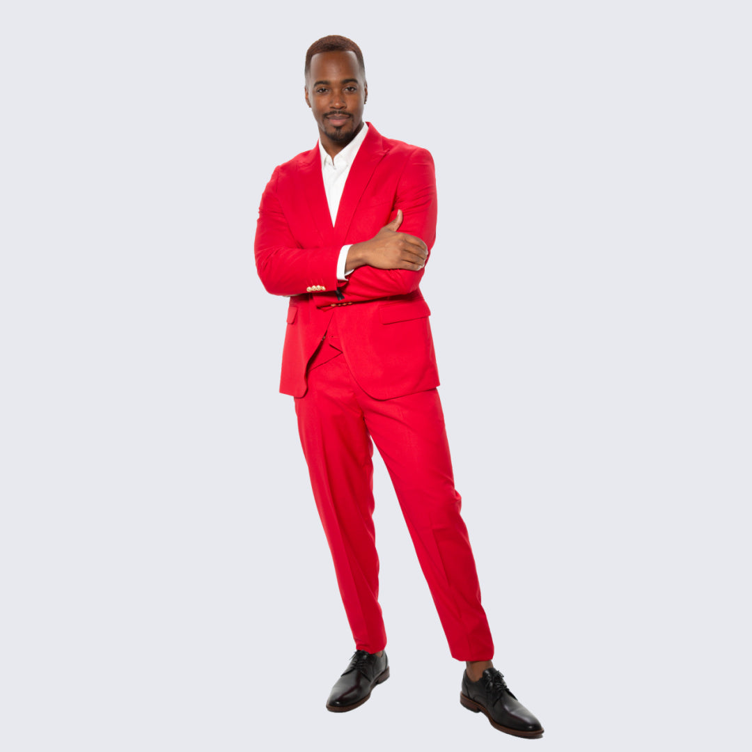 [DISCOUNTED] Red Skinny Fit Suit Three Piece Set with Double Breasted Vest - Limited Sizes