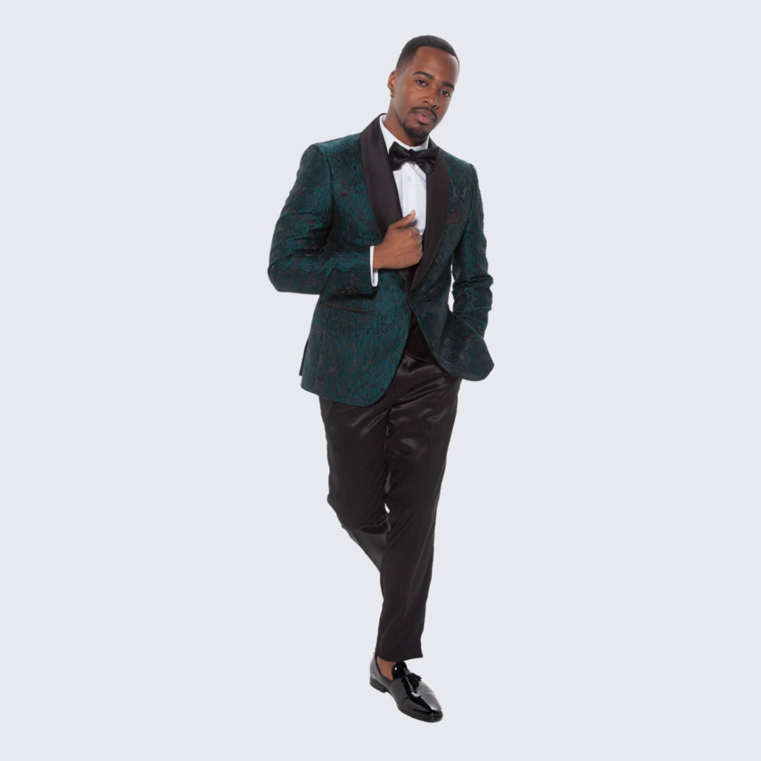 [DISCOUNTED] Hunter Green Tuxedo with Floral Design Four Piece Set - Limited Sizes