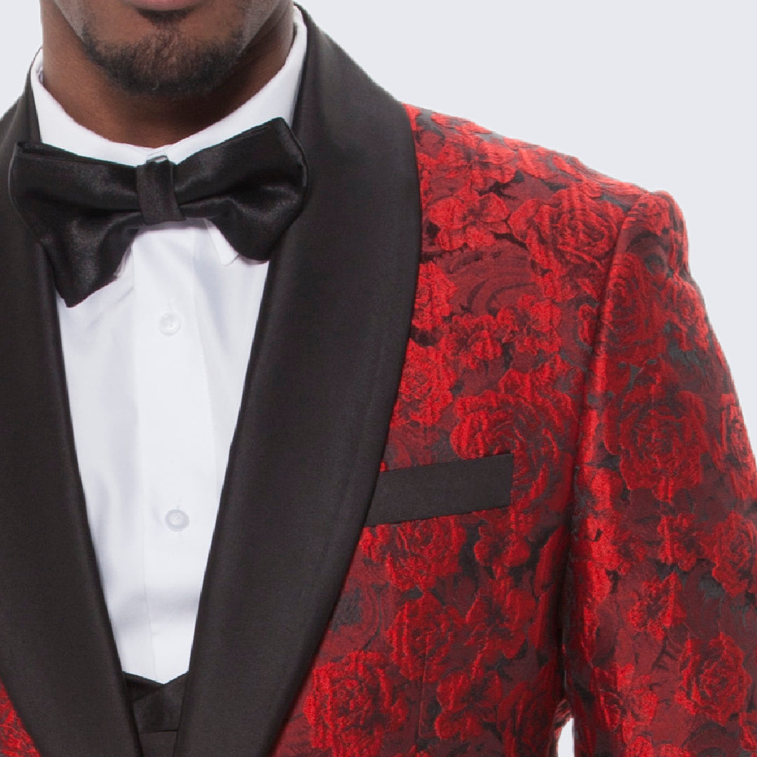 [DISCOUNTED] Red Tuxedo with Floral Design Four Piece Set - Limited Sizes