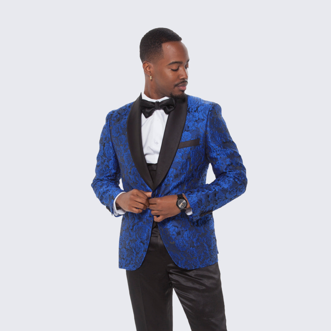 [DISCOUNTED] Royal Blue Tuxedo with Floral Design Four Piece Set - Limited Sizes