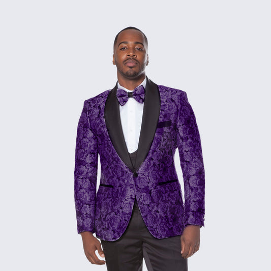 [DISCOUNTED] Purple Tuxedo with Floral Pattern Four Piece Set - Limited Sizes