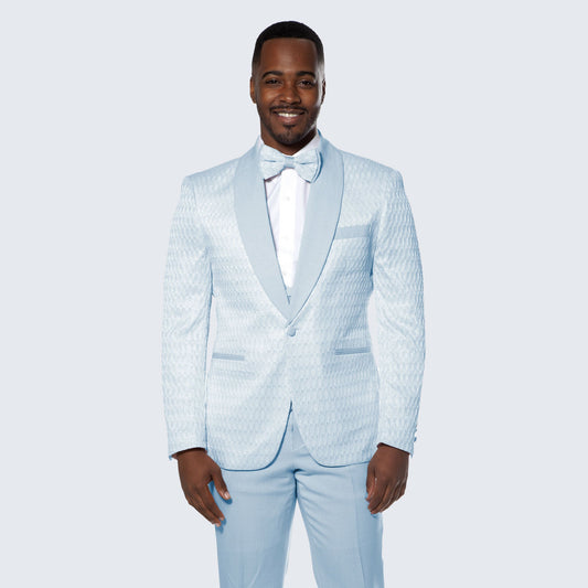[DISCOUNTED] Sky Blue Tuxedo with Textured Pattern Four Piece Set - Limited Sizes