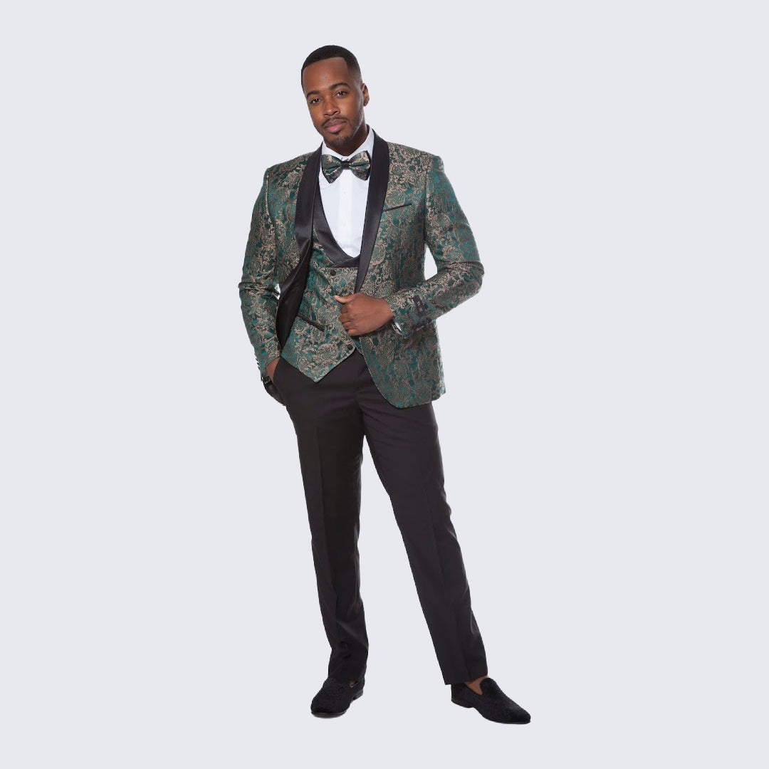 [DISCOUNTED] Green Tuxedo with Gold Pattern Four Piece Set - Limited Sizes