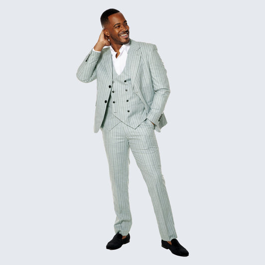 [DISCOUNTED] Mint Grey Suit with Pinstripes Three Piece Set - Limited Sizes