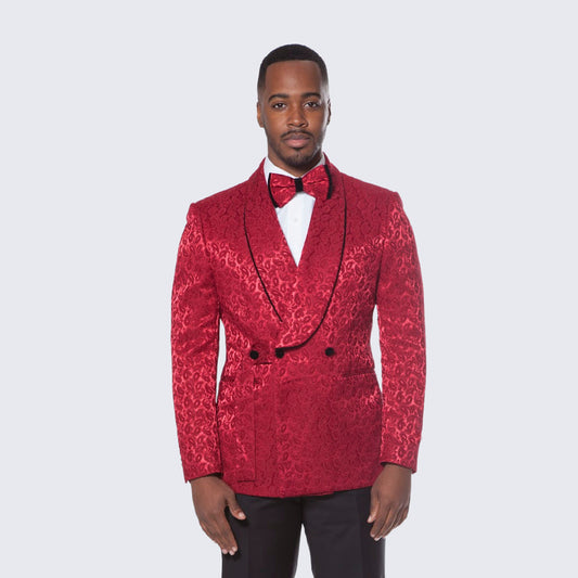 [DISCOUNTED] Burgundy Tuxedo with Textured Paisley Design Three Piece Set - Limited Sizes