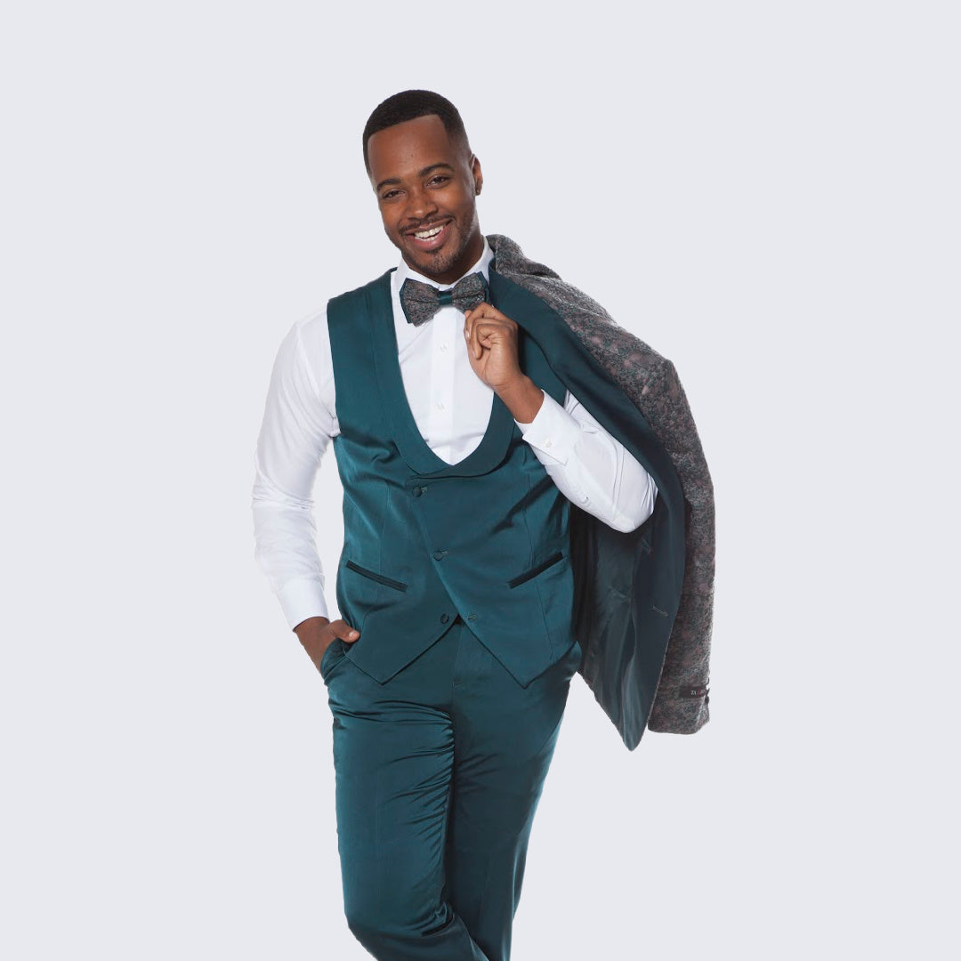 [DISCOUNTED] Green Tuxedo with Textured Design Four Piece Set - Limited Sizes