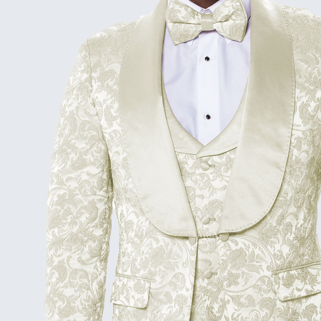 Men's Ivory Tuxedo with Floral Design Four Piece Set- Wedding - Prom