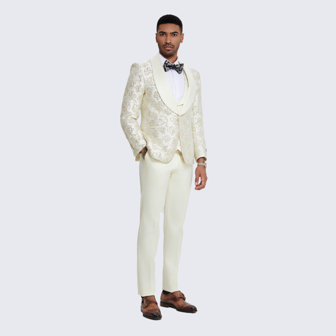 Men's Ivory and Gold Tuxedo with Textured Floral Design- Wedding - Prom