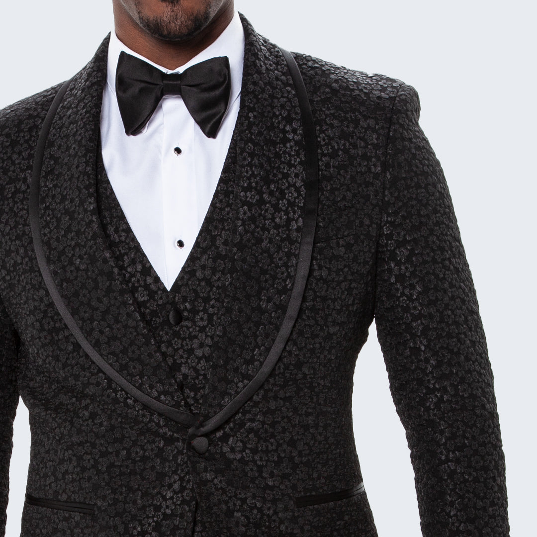 Men's Black Tuxedo with Floral Design Three Piece Set- Wedding - Prom