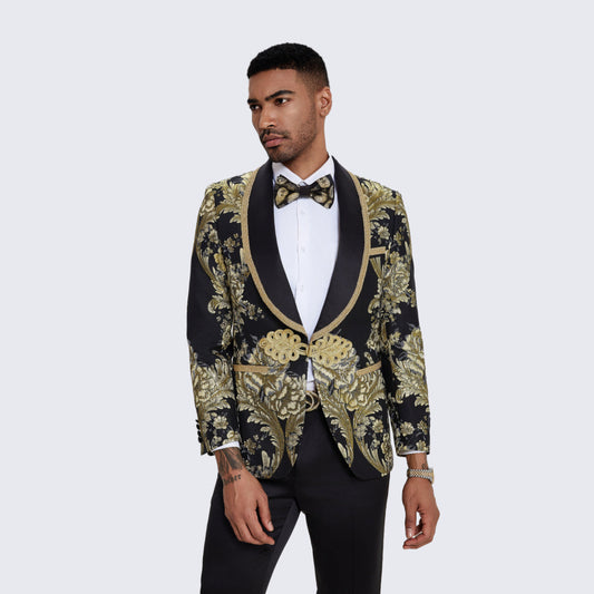 Men's Black Tuxedo with Gold Textured Paisley Design- Wedding - Prom