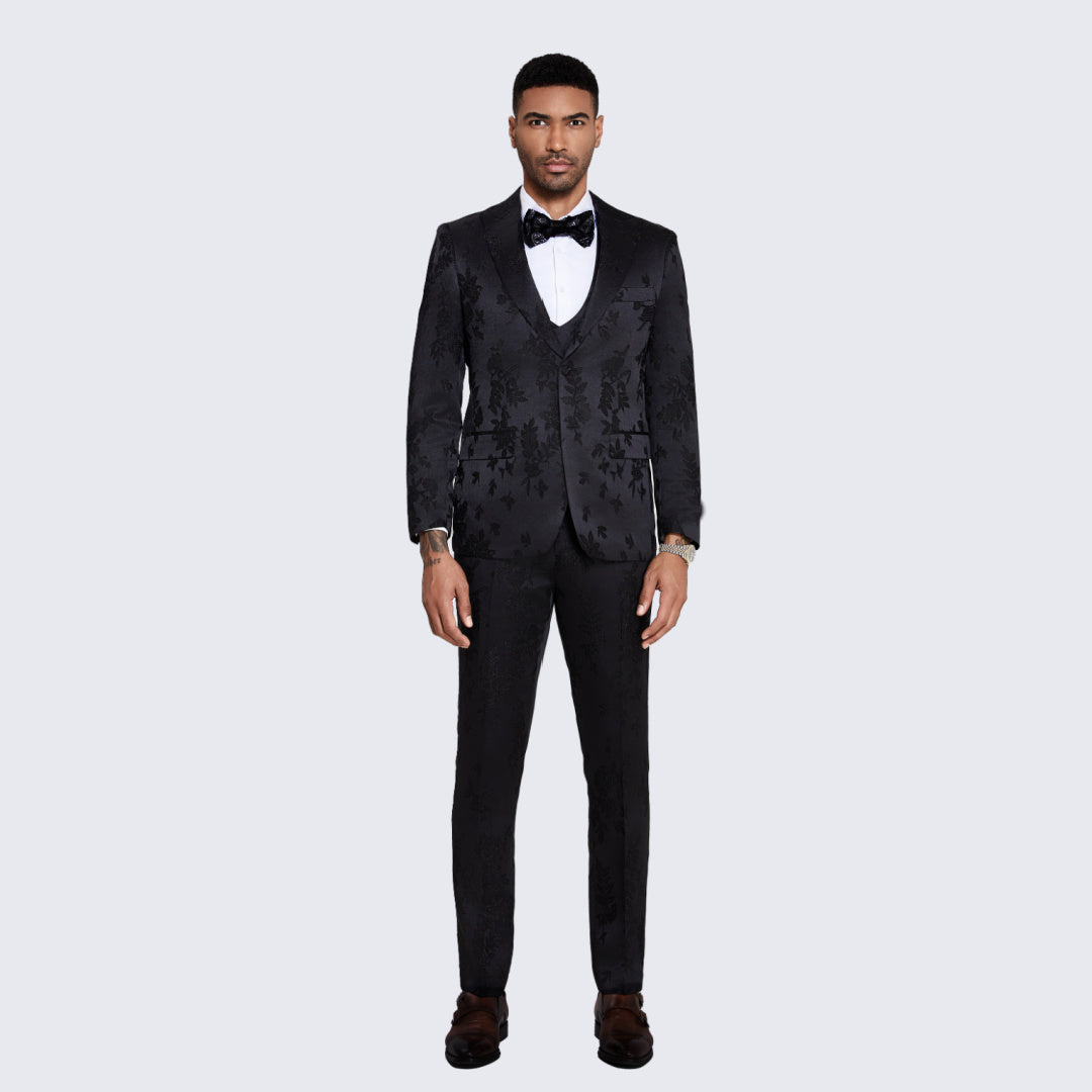 Black Floral Jacquard Satin Tuxedo with Peak Lapel – Wedding & Prom