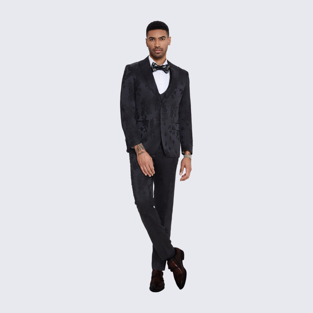 [DISCOUNTED] Men's Black Satin Tuxedo with Floral Design Four Piece Set - Limited Sizes