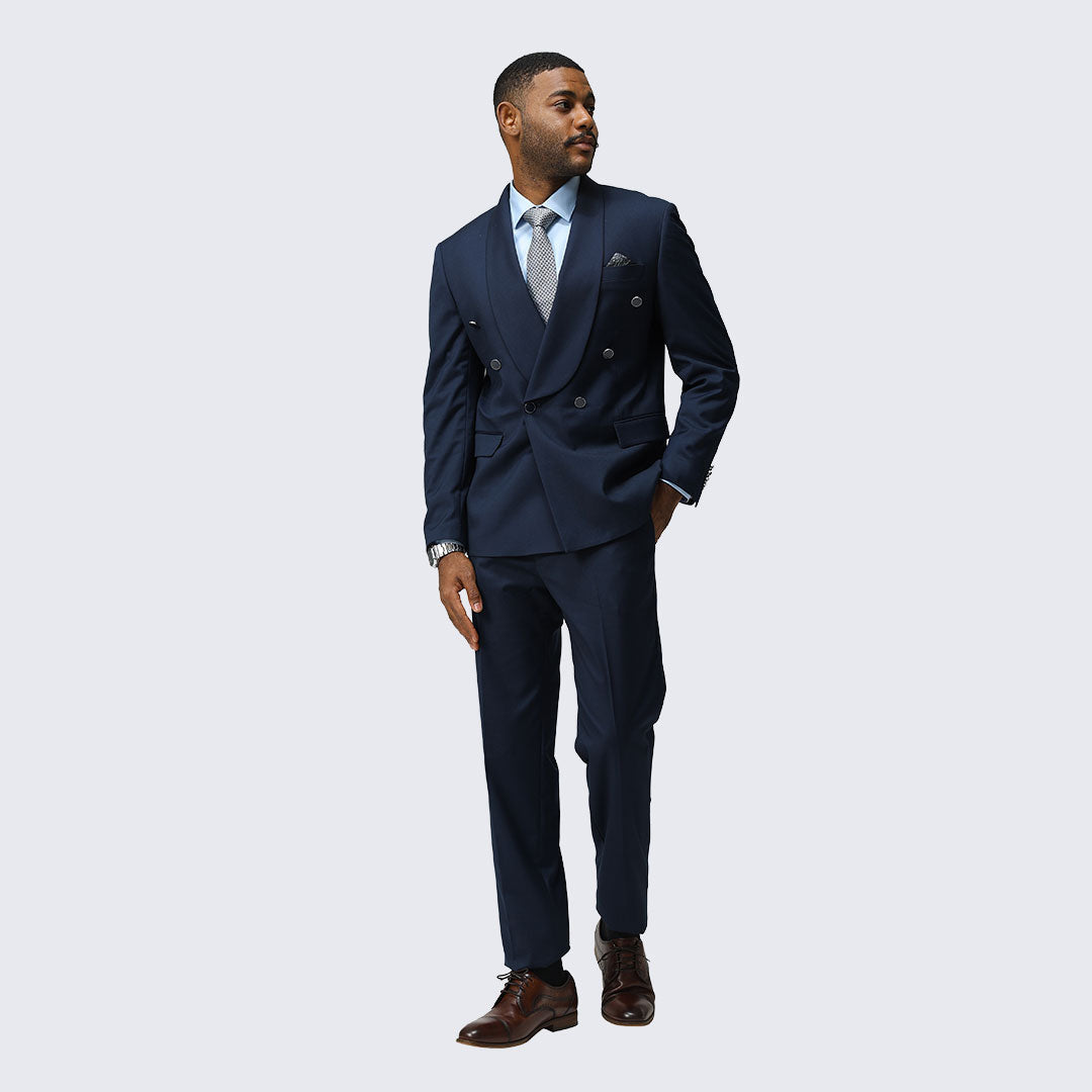 Navy Double Breasted Suit with Wide Shawl Lapel – Wedding & Prom