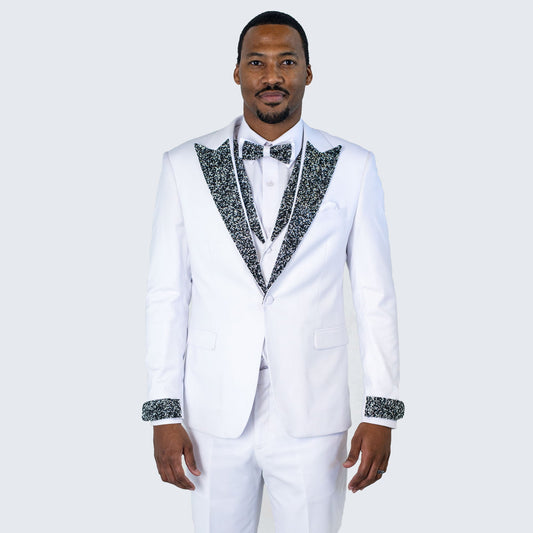White Peak Lapel Tuxedo with Stones – 4 Piece Set